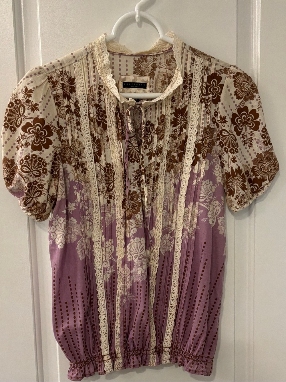 Sanctuary Cream, Brown & Purple Floral Lace-Trim Blouse